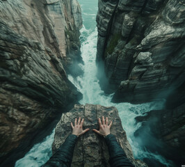 First-person view, vertigo, man on top of a cliff with water below, hands on the rock