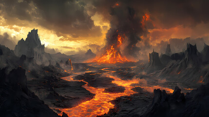 Obraz premium A vision of hell as a vast, infernal landscape, with rivers of lava flowing between jagged volcanic rocks, and ominous, smoky skies overhead. Volcanic. Illustration