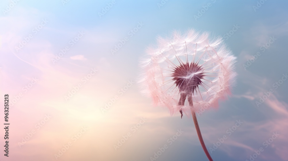 Poster a dreamy, ethereal image of a dandelion seed, its feathery form blending seamlessly with the soft pa