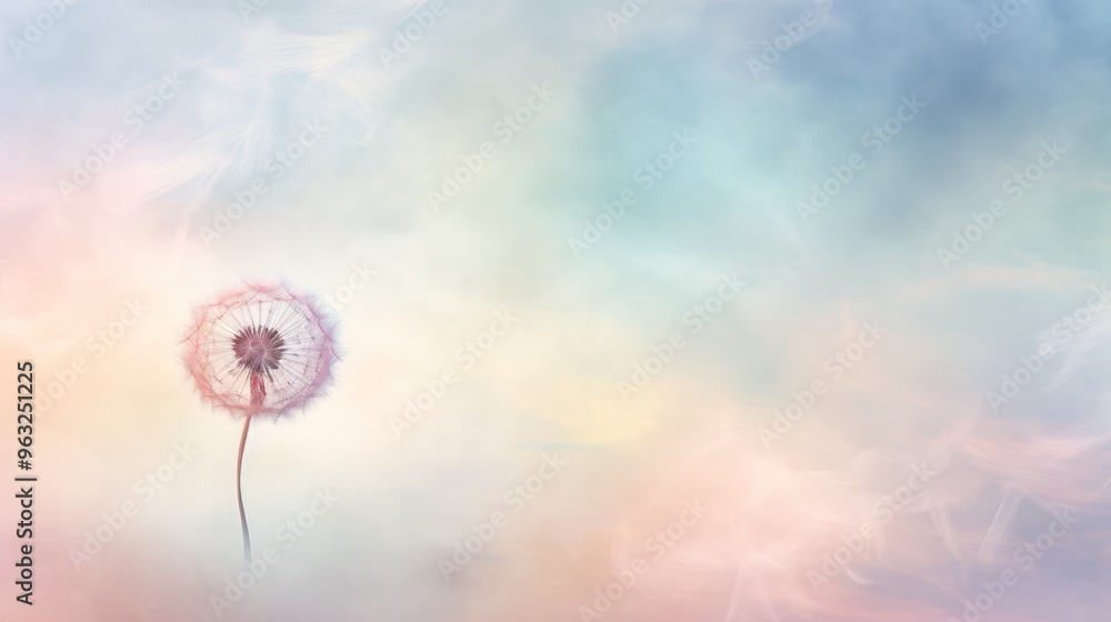 Poster a dreamy, ethereal image of a dandelion seed, its feathery form blending seamlessly with the soft pa