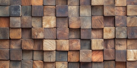 Natural wall made from timber blocks arranged in a square pattern.