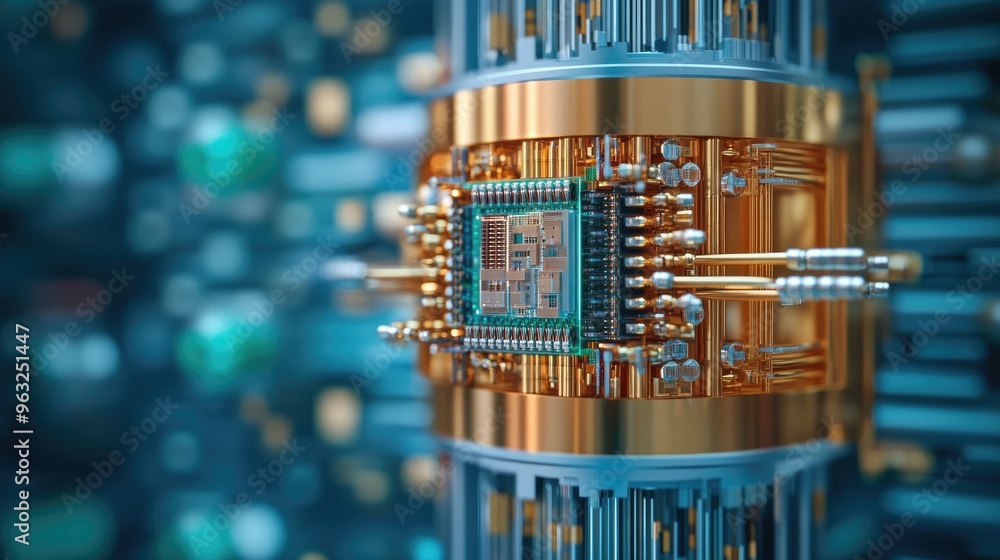 Poster a close-up view of a quantum computer chip showcasing intricate components and advanced technology i