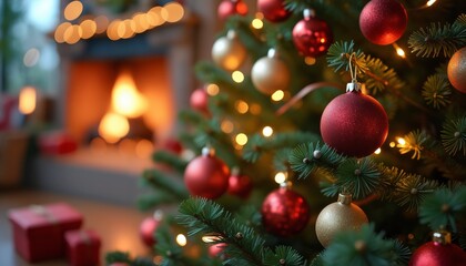 A close-up of a beautifully decorated Christmas tree with glowing lights and red ornaments, creating a warm and festive atmosphere.