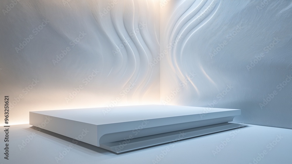 Wall mural a refined white display platform positioned against a textured white wall, the walls featuring subtl
