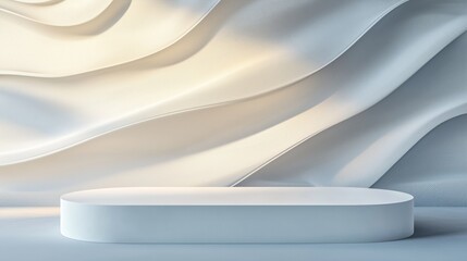 A refined white platform standing before textured walls with flowing architectural designs and soft gradient lighting, creating an ideal product display in a modern and luxurious interior.