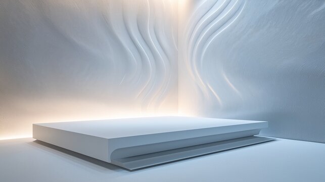 A refined white display platform positioned against a textured white wall, the walls featuring subtle, curving patterns and illuminated by soft gradient lighting. The sleek platform and luxurious 