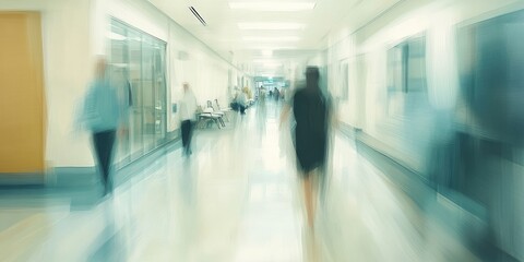 The blurred interior of a hospital reflects a busy and dynamic healthcare environment.