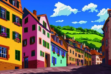 Fototapeta premium Colorful facades of old houses along Nyhavn embankment in Copenhagen - upward view. Denmark. Beautiful simple AI generated image