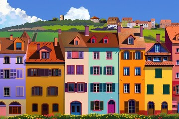 Fototapeta premium Colorful facades of old houses along Nyhavn embankment in Copenhagen - upward view. Denmark. Beautiful simple AI generated image