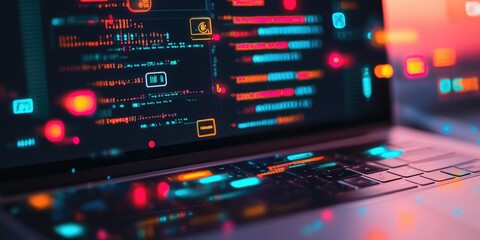 Fototapeta premium Software development concept with abstract programming code and network icons on a laptop screen.