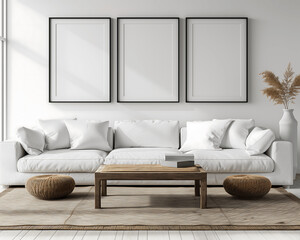 Elegant Living Room with White Sofa and Three Blank Poster Frames on Wall