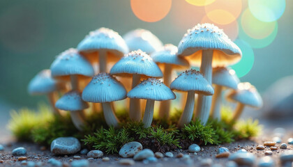 Fototapeta premium A cluster of blue mushrooms with white caps growing in a moss-covered forest, with a blurred background of warm-colored lights