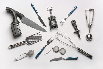 Set of kitchen utensils on grey background