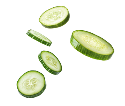 Fresh cucumber slices in air isolated over transparent background, png ready cut-out - Powered by Adobe
