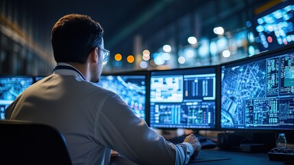 Engineers monitoring in control room with computer screens displaying system data	