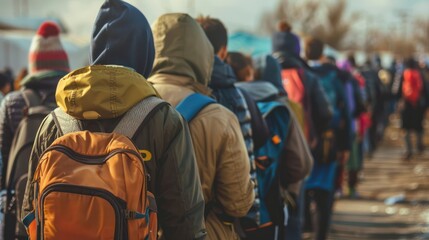 Refugees in line at border crossing in humanitarian crisis seeking safety. Concept Refugees, Border Crossing, Humanitarian Crisis, Safety, Seeking Refuge 