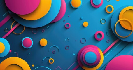 A vibrant abstract design featuring colorful circles and geometric shapes on a blue background.