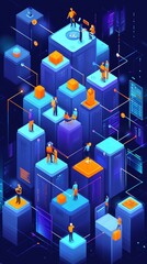 Isometric illustration of a futuristic city with data networks and people.