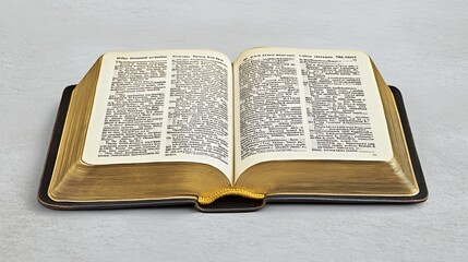 Obraz premium Open antique book with gilded pages and black leather cover on a white background.