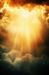 Golden rays of light break through dark clouds, creating a spiritual atmosphere. The beams symbolize faith, hope, and a connection to a higher power, evoking peace and God's presence