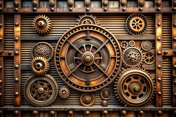 Industrial Bronze Louvre: Steampunk aesthetic, metallic accents, exposed gears.