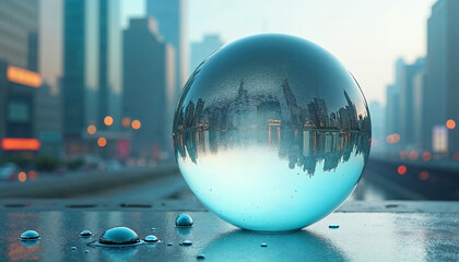 A glass sphere reflecting the cityscape, with blurred skyscrapers and lights in the background