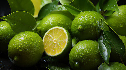 Fresh limes and leaves with water drops. Top view of fresh limes and leaves with water drops as...