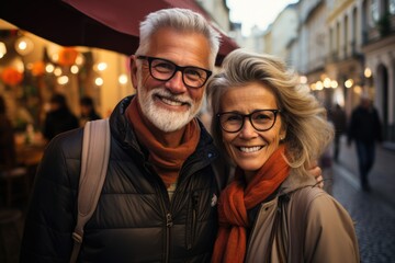 Obraz premium 60-year-old mature couple together on the scene of the European retired tourist we, generative IA