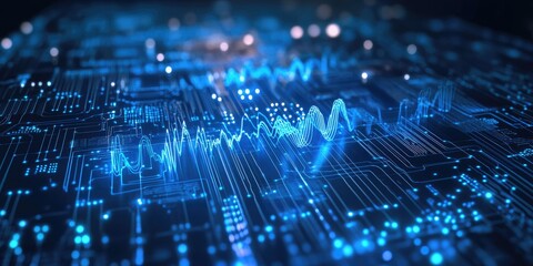 Quantum computing concept featuring a futuristic blue circuit board design with flowing wave patterns.
