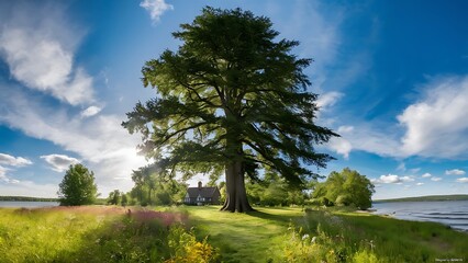 Obraz premium Sunny summer landscape panorama with tree. Clear and easy to use.
