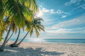 Naklejka premium Serene Beach Paradise: Palm Trees and Tranquil Waters Under a Clear Sky