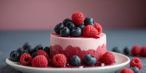 Pink Dessert Topped with Raspberries and Blueberries.