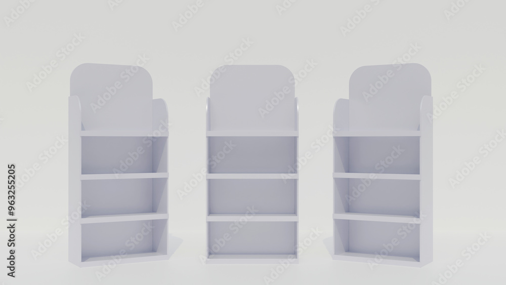 Poster empty displays with shelves products mock up on white background isolated. product display stand ill