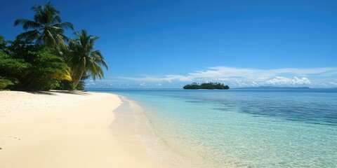 A peaceful tropical beach with an island visible in the distance.
