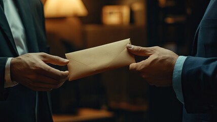Obraz premium A man giving bribe money in a brown envelope to another businessman in a corruption scam