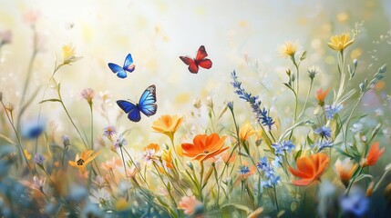 Colorful wildflowers bloom amidst butterflies fluttering in a sunny meadow, creating a lively and enchanting atmosphere in spring. Generative AI