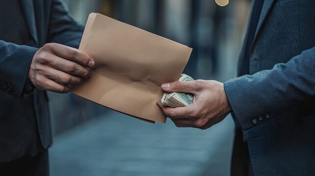 A man giving bribe money in a brown envelope to another businessman in a corruption scam
