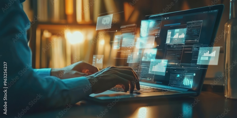 Leinwandbilder ERP and document management concept with a businessman using a laptop and virtual screen icons in an office.