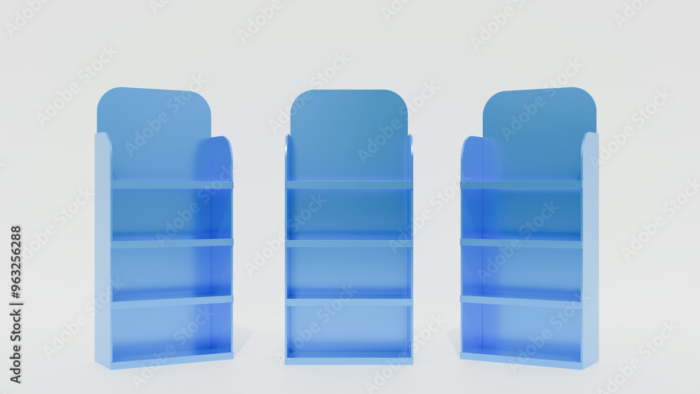Poster empty displays with shelves products mock up on white background isolated. product display stand ill