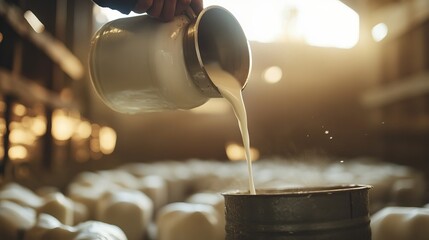 Cropped shot of an unrecognizable pouring unprocessed milk into a container inside a barn