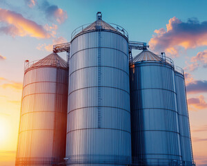 Striking image of metallic silos against a vibrant sunset sky, showcasing agricultural storage and modern farming.