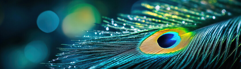 Fototapeta premium Stunning close-up of a peacock feather showcasing vibrant colors and intricate details with a soft bokeh background.