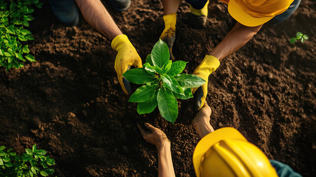 Teamwork in action as workers plant a young green plant in rich soil, promoting sustainability and nurturing nature together.