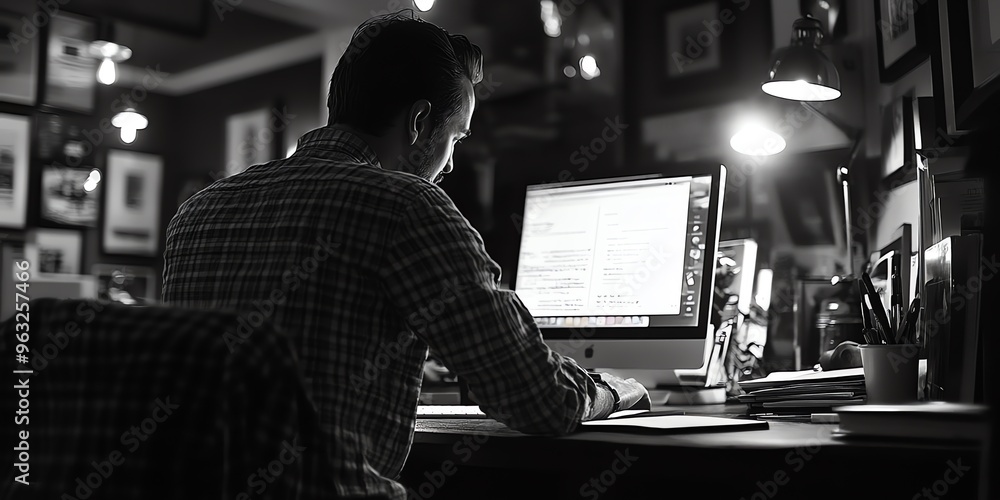 Poster Man working at a desk with a computer and a lamp.