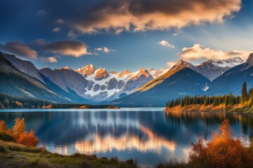 Beautiful landscape with lake and mountains