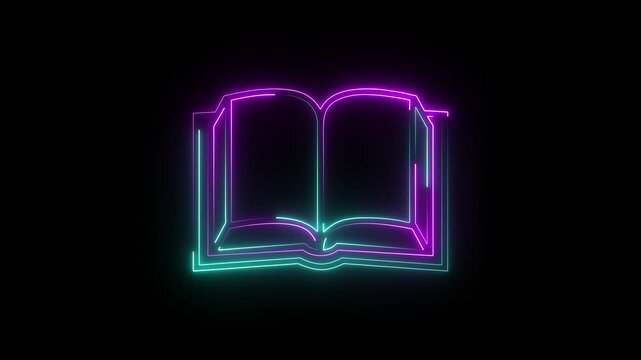 Abstract neon shine book icon animation on black background.
