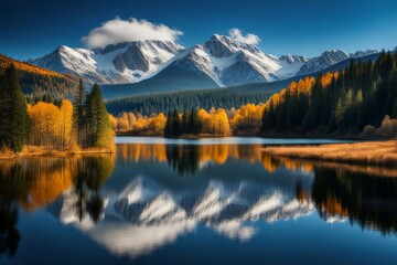 Autumn landscape with lake and mountains