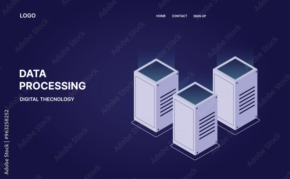 Poster big data flow processing in ultraviolet: isometric vector of cloud databases, web hosting, and serve