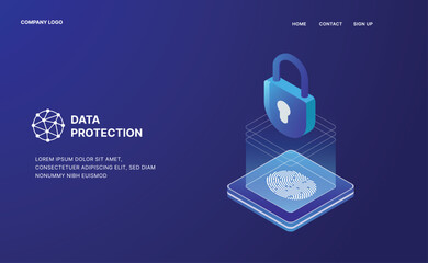 Fototapeta premium Data Security Protection isometric vector deseign. shield for personal data. fingerprints illustration. protection concept with icon of a lock and fingerprints. 