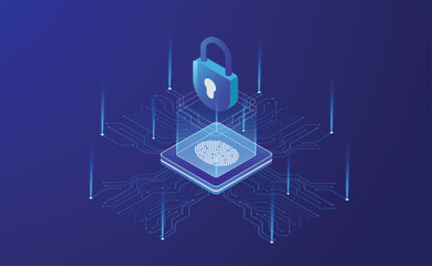 Data Security Protection isometric vector deseign. shield for personal data. fingerprints illustration. protection concept with icon of a lock and fingerprints.
